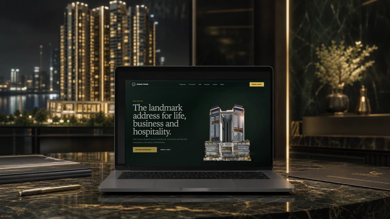 Serene Tower website shown on a laptop mockup